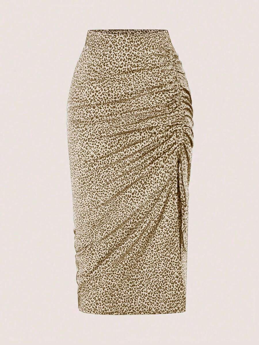 Flirla Plus Size Women Leopard Print Side Drawstring Waist Fashionable Skirt - Apricot - View 1