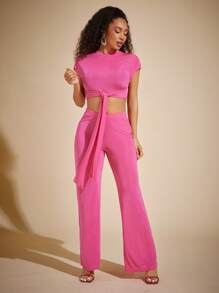 Vixey Slinky Knit Round Neck Short Sleeve Tie Front Crop Top, Summer Tops, Summer Outfits For Women, Spring Outfits For Women, Island Vacation Outfits