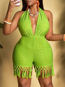 Slaydiva 新款女士夏季复活节/西部风格服装，休闲日常穿着，海滩/波西米亚风，适合海滩、邮轮、旅行、日光浴，采用编织纹理、流苏装饰、挂脖系带、性感/露背设计，夏季女士连体裤/连身裙 - 綠色 - 查看 6