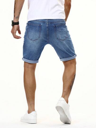 Manfinity Homme Män Katt Morrhår Tvättade jeansshorts Enfärgade jeansshorts Marinblå jeansshorts, till make, presenter till pojkvän