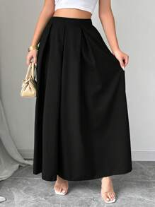 SHEIN Tall 女款純色高腰口袋優雅辦公休閒膝長裙，適合高個女性 - 黑色 - 查看 6