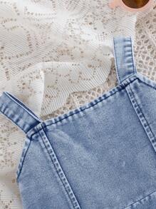 SHEIN Toddler Girls Casual Minimalist Streetwear Blue Denim Spaghetti Strap Overalls Dress, Summer - Blue - View 3