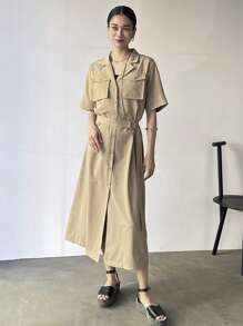 FRIFUL 女式纯色翻领短袖实用口袋中长衬衫裙太阳裙 - 卡其色 - 查看 9