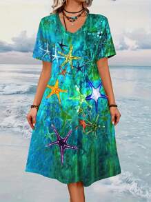 SHEIN LUNE Plus Size Vrouwen Casual Bloemenprint V-hals Jurk, Zomer Vrouwen Outfit, Lente Jurk, Strand Vrouwen Outfits, Vakantie
