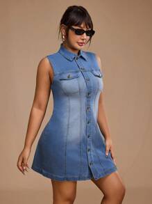 Forever 21 Plus Size Women Collared Single-Breasted Sleeveless Casual Denim Dress - Blue - View 4