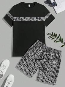 SHEIN Set di Maglietta e pantaloncini casual da ragazzo adolescente, stile college, comodo, alla moda, semplice, pratico, versatile, in tessuto morbido con stampa a caratteri, adatto per uso quotidiano, scuola, attività all'aperto e sport