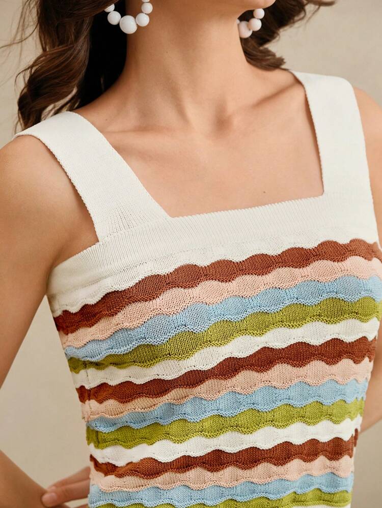 Anewsta Knitted Jacquard Lightweight & Breathable Colorful Striped Tank Top, Suitable For Summer, Beach, Festival, Holiday, Elegant