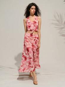 SHEIN LUNE Conjunto de 2 piezas de top halter estampado floral y mini falda de estilo bohemio y vacaciones para mujeres, atuendo de vacaciones para mujeres
