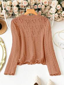 SHEIN LUNE Women Plus Size Solid Single-Breasted Hollow Out Long Sleeve Casual Cardigan