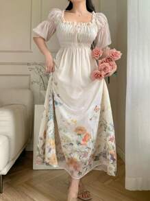 DAZY 女士浪漫飘逸印花A字中长连衣裙，收腰设计，夏季，挤奶女工装度假装扮，花卉图案 - 杏色 - 查看 4