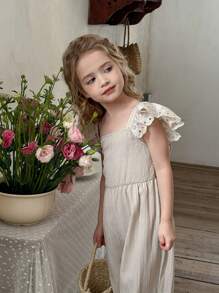 SHEIN X Scheana LMoss Kids 年轻女孩编织纯色荷叶边下摆连体裤