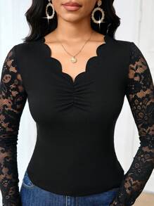 SHEIN Lady Camiseta de manga larga ajustada elegante y sólida con aplicación de encaje para el uso diario
