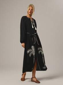 Forever 21 春季海边浪漫度假棕榈树刺绣V领灯笼袖系腰黑色亚麻女连衣裙 - 彩色 - 查看 6