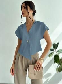 Firerie Women's V-Neck Asymmetric Hem Cinched Waist Metal Decor Minimalist Business Shirt