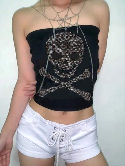 Grunge Punk Haut Tube Embellie De Crâne Gothique En Strass