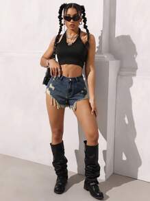 SHEIN EZwear Casual Distressed Denim Shorts With Tassel Hem - Dark Wash - View 2