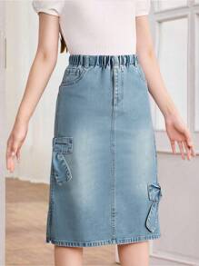 Sparklyn 适合少女的复古牛仔中长裙，休闲都市风格，侧边蝴蝶结、磨边下摆和松紧腰带 - 銅色 - 查看 5