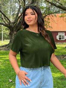 SHEIN EZwear Plus Size Casual Solid Color Textured Cropped T-Shirt, Spring/Summer - Olive Green - View 6