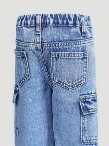 SHEIN Playful Pals 男童棉质可调节腰部工装口袋休闲裤 - 中等水洗藍 - 查看 5