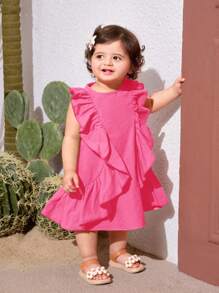 SHEIN Babygirl Sweet Orange Ruffle Hem Summer Vacation Dress - Hot Pink - View 9