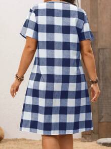 EMERY ROSE Damen Große Größen Kurzarm Schwarz & Weiß Karomuster Kleid für den frühen Frühling - marineblau - Übersicht 4