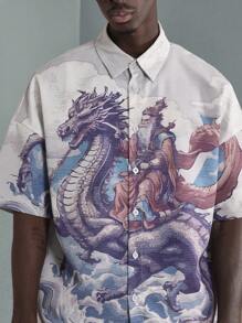 SUMWON Dragon Print Resort Shirt Japanese Art Style Button Down Short Sleeve Casual Summer Beach Shirt Oriental Fantasy Design Streetwear Festival Shirt