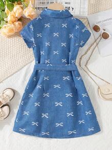 Tween Girl Blue And White Digital Bowknot Print Faux-Denim Dress,Turnover Collar Short Sleeve With Belt,Cute School Back-To-School Autumn Casual Wear - Blue - View 2