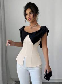 Elenzga Elegant Colorblock Cinched Waist Open Slit Blouse, Summer