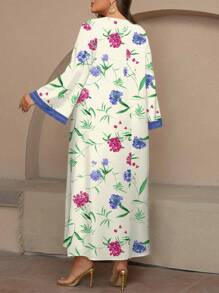 Al Najma Plus Size Women Elegant Placement Print Long Sleeve V Neck Dress,Modest - Apricot - View 2
