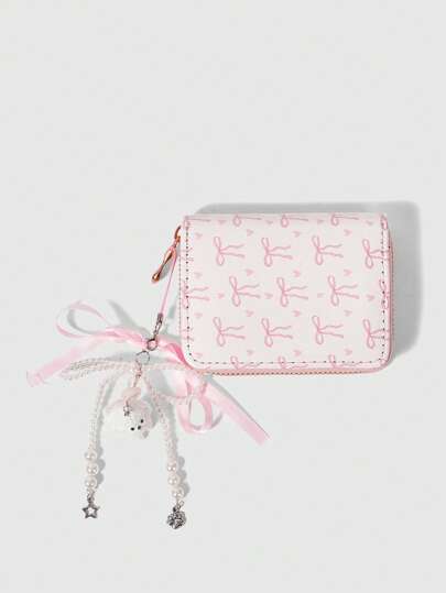 ROMWE Kawaii Pink Base Pink Bow Teddy Bear Pendant Short Wallet, Creative Multifunctional Card Slots Purse