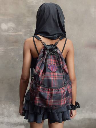 Goth Y2K Retro Herz karierter Polka Punkt Mehrfach-Tasche Rucksack, süßer personalisierter lässiger Rucksack mit großer Kapazität, Klappe, Kordelzug, Spitzeneinsätzen im Patchwork-Stil für Universität und Reisen
