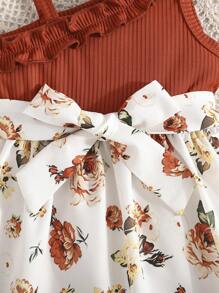 SHEIN Baby Girl Elegant Houndstooth Ribbed Fabric Asymmetrical Neck Ruffle Trim Dress With Hat, Cute For Spring/Summer - Brown - View 5