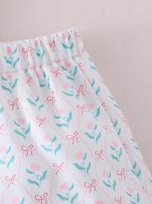 SHEIN Summer Retro Ruffled Pink Short Sleeve Blouse And Floral Print Shorts Set For Young Girls - Maroon - View 6