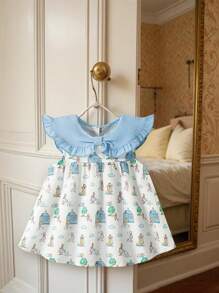 SHEIN Girls' Summer New Arrival Print Bow Solid Color Collar Back Opening Loose Casual Cute Blouse