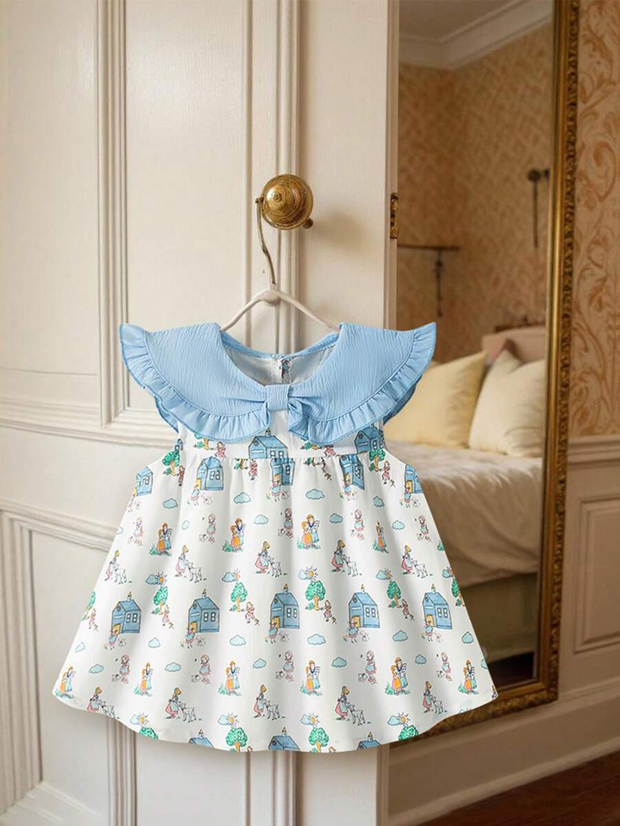 SHEIN Girls' Summer New Arrival Print Bow Solid Color Collar Back Opening Loose Casual Cute Blouse