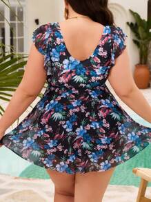 SHEIN Swim Lushore Plus Size Women's Random Tropical Plant Print Ruffled Sleeve One-Piece Swim Dress - Multicolor - View 2