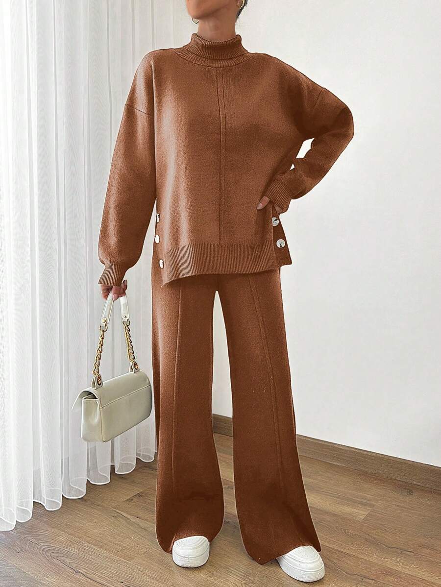 EURMUSE Women Asymmetrical And Button Detailed Hem High Neck Sweater And Sweater Pant Two Piece Outfits Co-Ords