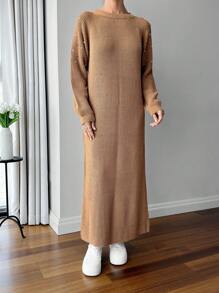 EURMUSE Round Neck Raglan Sleeve Maxi Sweater Dress With Beading - Camel - View 4