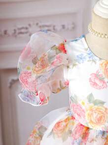 Baby Girl 0-3 Years Elegant Palace Style Floral Print Ruffle Sleeve Organza Dress, Suitable For Outings, Birthday, Wedding Flower Girl - Pink - View 5