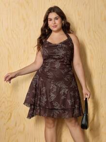 SHEIN MOD Vestido vintage con cuello halter drapeado al frente y estampado floral marrón