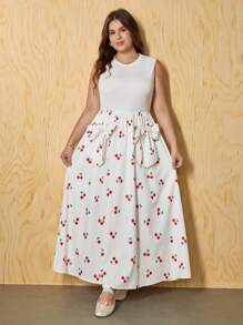 SHEIN MOD Vestido sin mangas midi con decoración de lazo, estampado, romántico y dulce, atuendo para citas, uso casual en vacaciones, talla grande