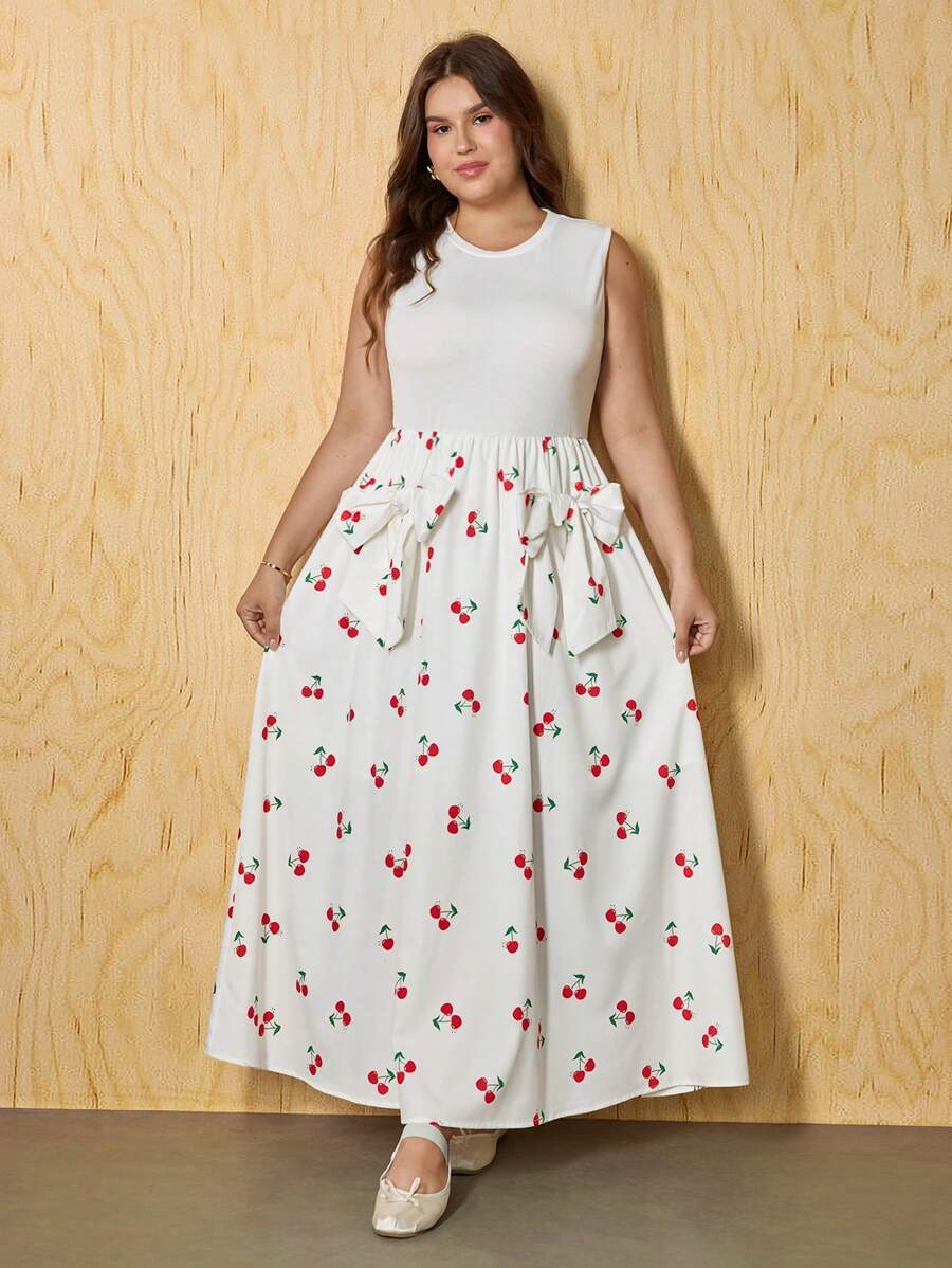 SHEIN MOD 大码浪漫蝴蝶结装饰无袖中长连衣裙，印花，甜美，约会装，假日休闲装