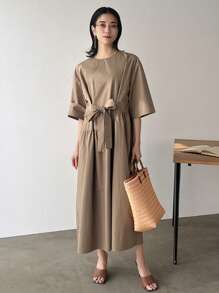 FRIFUL Women's Casual Khaki Woven Fabric Dress With Round Neck, Half Sleeves, And Ruffle Hem Detail - Khaki - View 7
