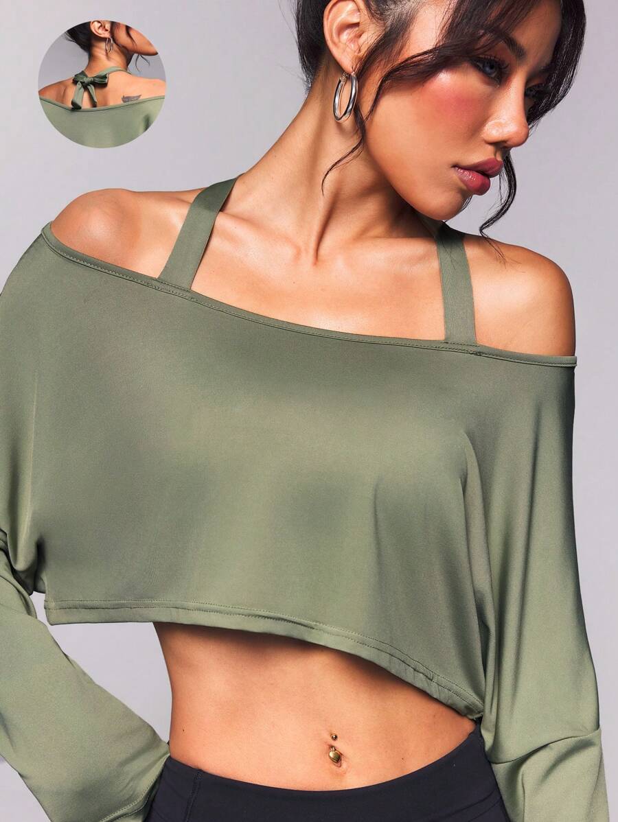 SHEIN Sport Studio Women's Solid Color Backless Halter Batwing Short Sleeve Outdoor Sports T-Shirt
