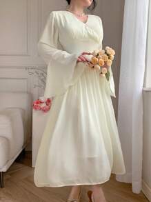 DAZY 女士花卉 V 领荷叶边中长连衣裙舞会礼服优雅秋季连衣裙长袖连衣裙 - 白色 - 查看 3