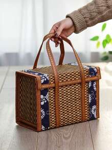 1pc Foldable Camp Storage Basket Woven From Bamboo, Batik Cloth Covered, Picnic Basket, Rural Style