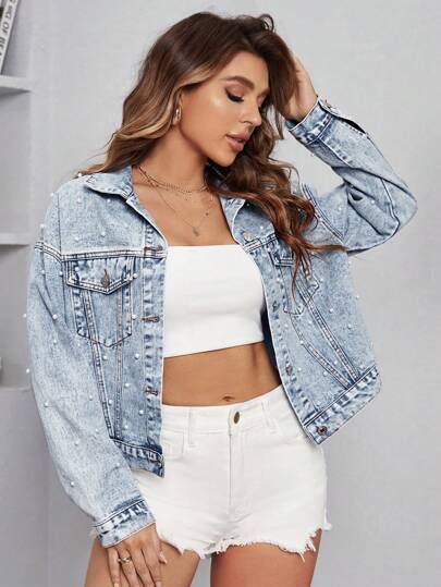 SHEIN Essnce Casual Washed Denim Jacket With Pearl Decor