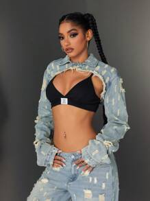 Jeanoix Chaqueta de jeans súper corta para mujer, denim desgastado con cuello, estilo de moda vintage