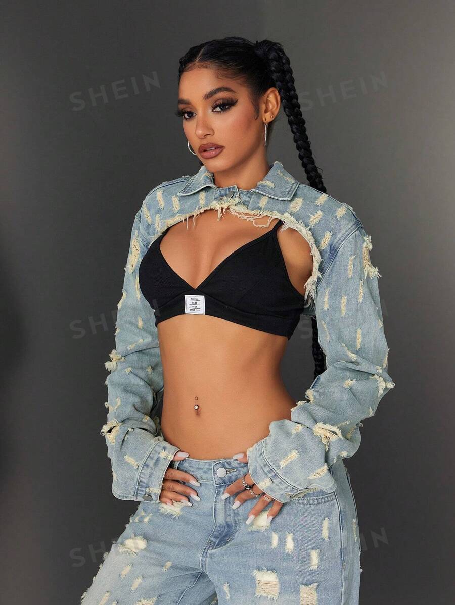 Jeanoix Chaqueta de jeans súper corta para mujer, denim desgastado con cuello, estilo de moda vintage