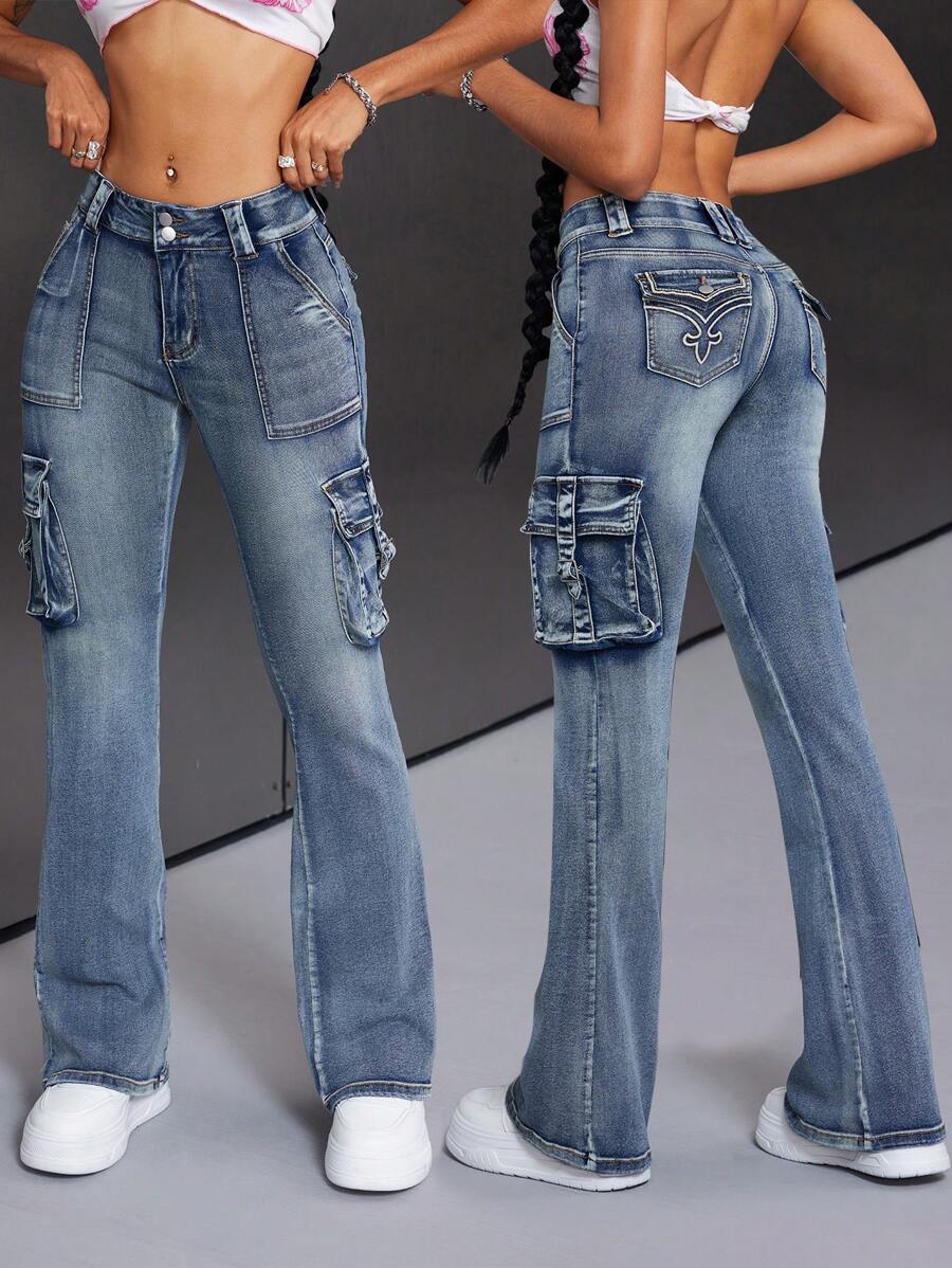 SHEIN ICON Women's Casual Elastic Embroidered Low Waist Skinny Sexy Flare Washed Denim Jeans - Blue - View 1